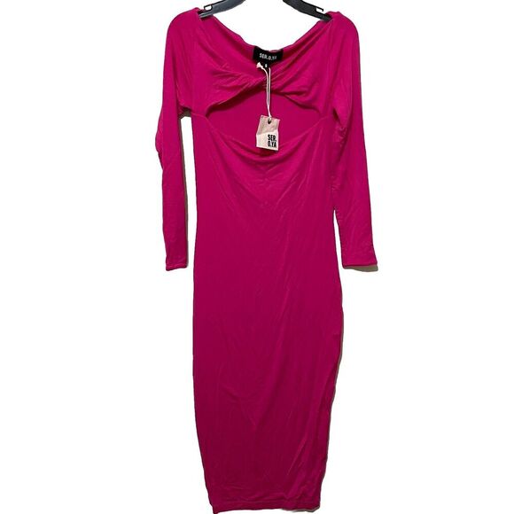 SER.O.YA Hot Pink Irene Dress Long Sleeve Cut Out Midi Length Size Small NWT - Picture 1 of 5